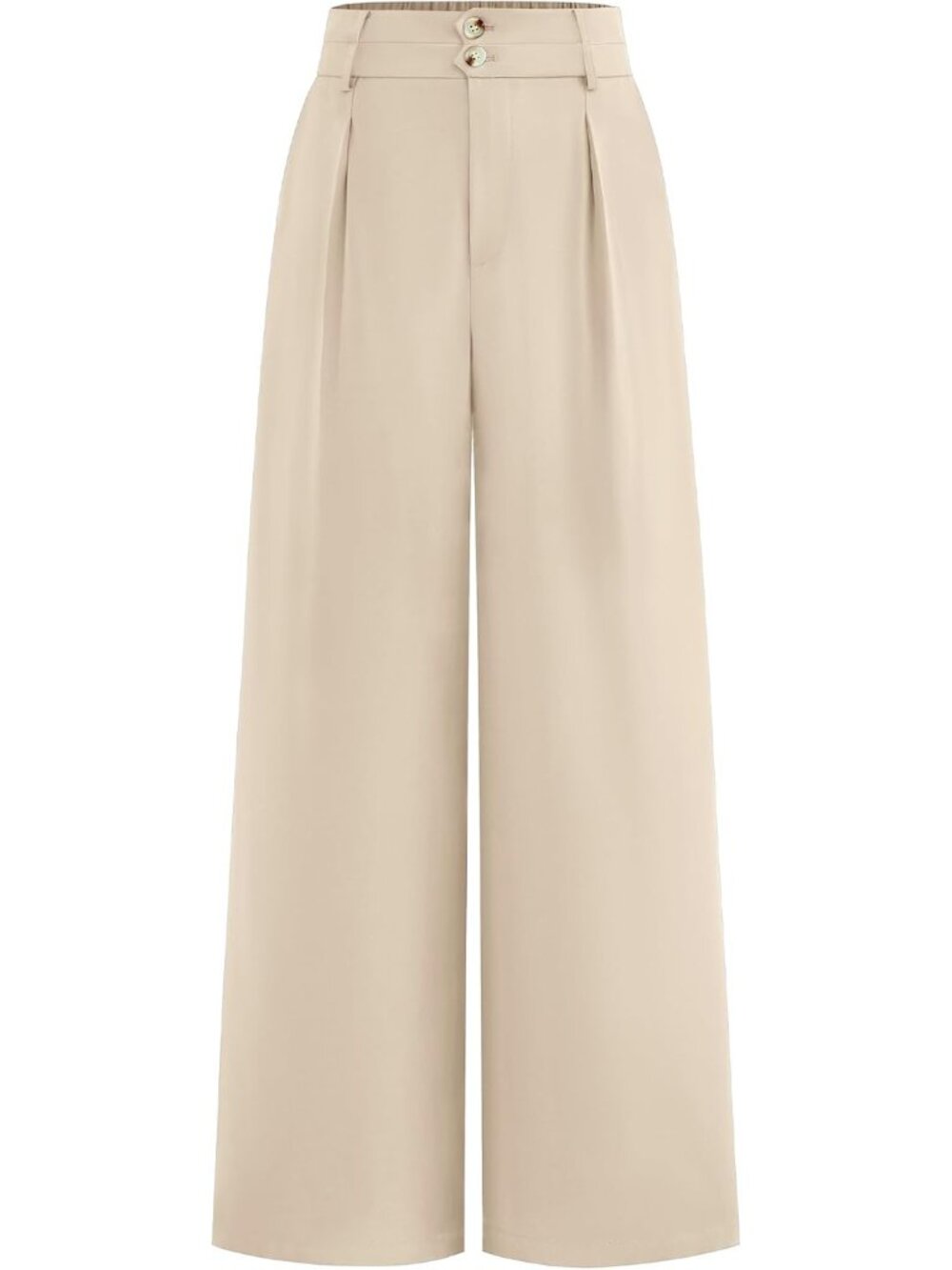 Women's Wide Leg Dress Pants Beige High Waisted Button Pleated Trousers Palazzo